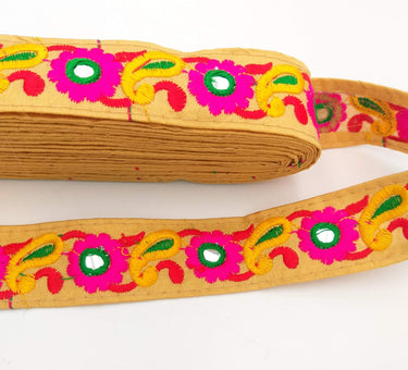 Beige Floral Mirrored Trim With Fuchsia Pink Flowers And Yellow Paisley Embroidery, Decorative Trimming, Trim By 3 Yards